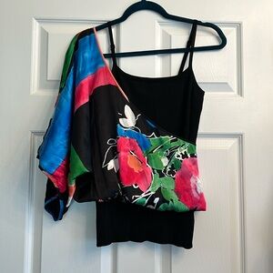 One shoulder floral silk / black top - Bebe - S